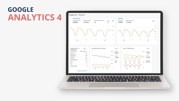 Screenshot aus Google Analytics 4, der wichtige KPIs und Conversion-Daten in der Engagement-Übersicht visualisiert.
