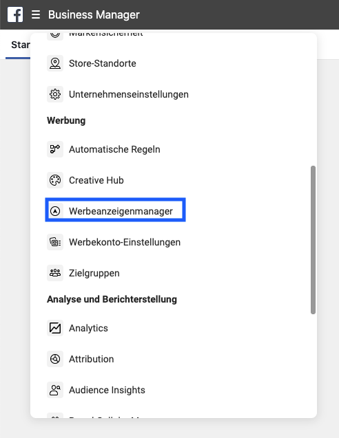 Facebook-Menü Werbeanzeigenmanager