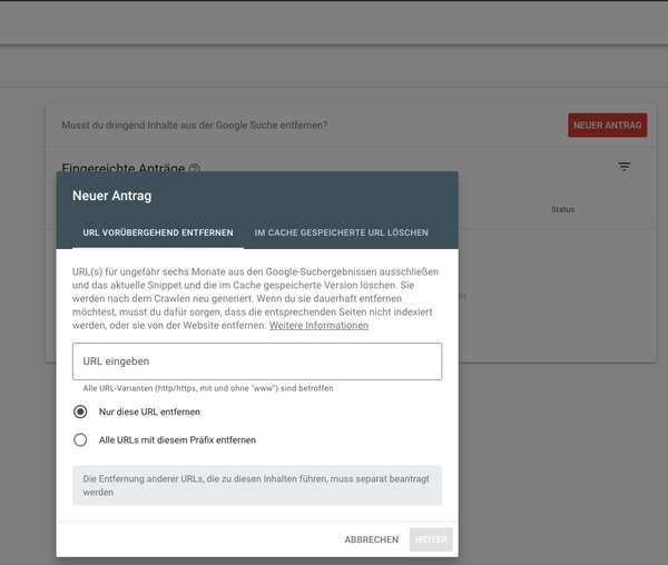 URL vorübergehend entfernen Antragstellung